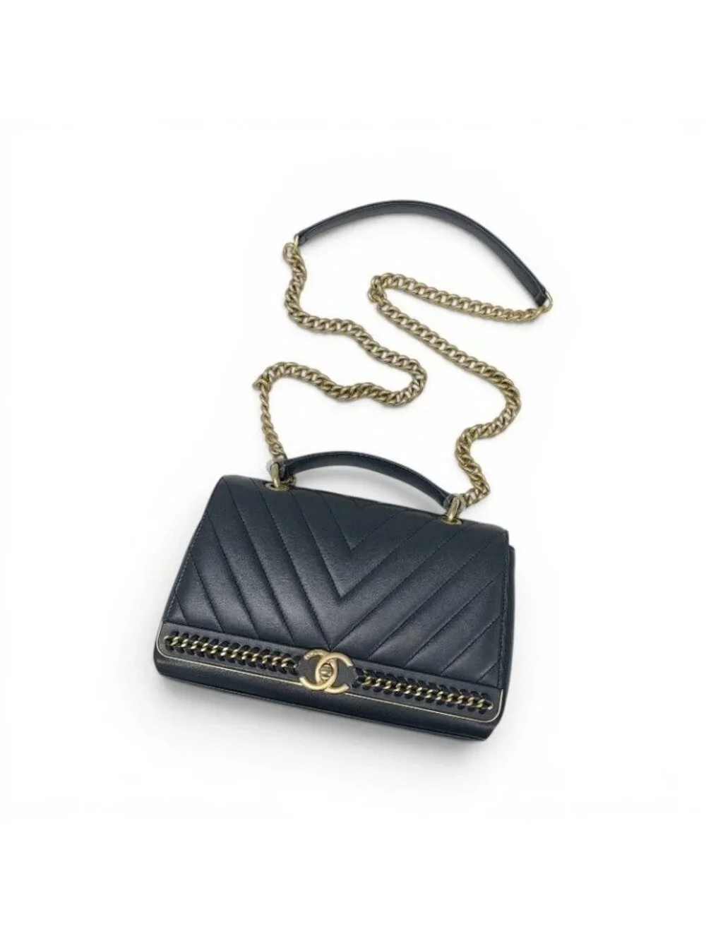 Chanel Shoulder Bag Navy Gold Blanc CC Logo Stitch Chain Turnlock 2-Way